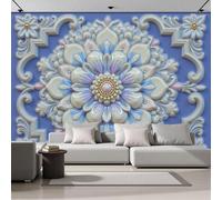 Papel Tapiz Fotográfico Efecto 3D Enredaderas En Relieve Estilo Europeo, Azul Papel Pintado Tejido 350 × 256 Cm - Decorativos Murales Para Pared Salón Y Dormitorio - Diseño Floral Flores