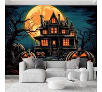 Papel Tapiz Fotográfico Efecto 3D Fantasía Halloween Luna Llena Calabaza, Azul medianoche Papel Pintado Tejido No Tejido 200 x 140 cm (An x Al) - Decorativos Murales para Pared Salón y Dormitorio
