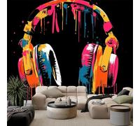 Papel Tapiz Fotográfico Efecto 3D Grafiti Auriculares Vibrante Moderno, Negro Papel Pintado Tejido No Tejido 250 x 175 cm (An x Al) - Decorativos Murales para Pared Salón y Dormitorio