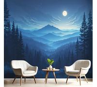 Papel Tapiz Fotográfico Efecto 3D Montañas Bosques Elementos Del Cielo Estrellado, Azul Papel Pintado Tejido 200 × 140 cm - Decorativos Murales para Pared Salón y Dormitorio - Paisaje Bosque Nocturno