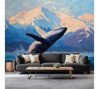 Papel Tapiz Fotográfico Efecto 3D Pintura Al Óleo Elegante Animal Ballena, Azul Papel Pintado Tejido No Tejido 400 x 280 cm (An x Al) - Decorativos Murales para Pared Salón y Dormitorio