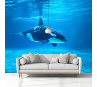 Papel Tapiz Fotográfico Efecto 3D Surrealismo Realista Animales Orcas, Azul Papel Pintado Tejido No Tejido 250 x 175 cm (An x Al) - Decorativos Murales para Pared Salón y Dormitorio