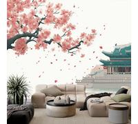 Papel Tapiz Fotográfico Efecto Chinoiserie Tradicional Arquitectura Floral, Nieve Papel Pintado Tejido No Tejido 200 x 140 cm (An x Al) - Decorativos Murales para Pared Salón y Dormitorio