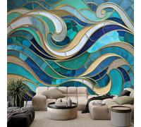 Papel Tapiz Fotográfico Efecto Tradicional Mosaico Arte 3D Ondas, Turquesa Papel Pintado Tejido No Tejido 400 x 280 cm (An x Al) - Decorativos Murales para Pared Salón y Dormitorio
