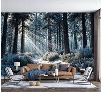 Papel Tapiz Fotográfico Escena de nieve invernal La luz del sol filtrándose a través de los árboles Azul 350x256cm 3D Papel Pintado Panorámico, Fuera de la Ventana Murales Decoración Pared