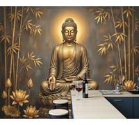 Papel Tapiz Fotográfico Escultura Sentada Loto Bambú. Murales, Póster Arte De Meditación Oriental Mural De Pared Papel Tapiz Fotográfico, 400x280cm Papels Pintado Tela de Seda Para Sala De Estar