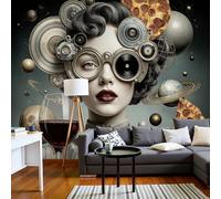 Papel Tapiz Fotográfico Estética Mecánica Steampunk, 300x210cm Papel Pintado Panorámico Chica Del Planeta Retro Mural de Pared Decoración De Pared para Sala Cuarto Oficina Salón, Gris Plateado