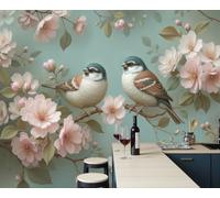 Papel tapiz fotográfico Estilo Chino Flores Y Pájaros Murales de dormitorio Gorriones Flores De Manzano Silvestre Pared Pintado Papel tapiz dormitorio de estar sala sofá mural- 350 x 256cm