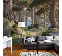 Papel Tapiz Fotográfico Estilo de dibujos animados Flores a lo largo del sendero del bosque de pinos Verde parduzco 400x280cm 3D Papel Pintado Panorámico, Fuera de la Ventana Murales Decoración Pared