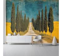 Papel Tapiz Fotográfico Estilo De Pintura Al Óleo Carretera Pino - 400 x 280 cm Papel Pintado Panorámico para Salón Oficina, Verde Amarillo Papel Pintado no tejido Murales De Pared