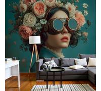Papel Tapiz Fotográfico Estilo Retro, 300x210cm Papel Pintado Panorámico Mujer Con Corona De Flores Silvestres Mural de Pared Decoración De Pared para Sala Cuarto Oficina Salón, Verde Oscuro