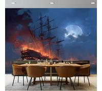 Papel Tapiz Fotográfico Fantasía - 200 x 140 cm Papel Pintado Panorámico para Salón Oficina Decoración, Barco Pirata Luna Cielo Nocturno Papel Pintado no tejido Murales Decoración De Pared