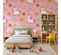 Papel Tapiz Fotográfico Fantasía Cuentos De Hadas Criaturas Unicornio Arcoíris Papel Pintado 400 x 280cm, Pared Papel Pintado Rosa Amarillo Mural para Sala Estar Dormitorio Infantil Decoración
