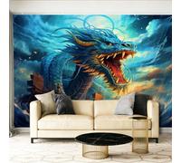 Papel Tapiz Fotográfico Fantasía Dragón Mar Nubes Papel Pintado Murales Póster Azul Fotográfico Para Dormitorio Salón Tv Pared 250 x 175 cm