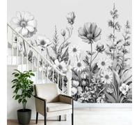 Papel tapiz fotográfico Floral 250 x 175 cm Revestimiento de paredes decoración de salón Diseño Estilo Botánico Retro para dormitorio, sala de estar, papel tapiz no tejido, Negro Blanco