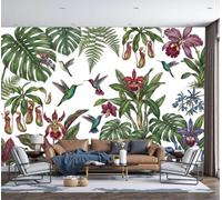 Papel Tapiz Fotográfico Flores De Ave Del Paraíso Papel Pintado Murales Póster Verde Oscuro Plantas En Acuarela Fotográfico Para Dormitorio Salón Tv Pared, 450X300Cm