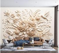 Papel Tapiz Fotográfico Flores Pájaros Relieves Flores 3D, 3D Art Mural Cafe Restaurant Dormitorio Decoración para el Hoga Murales Pintado a Papel Fotomural 250Anx175Al cm