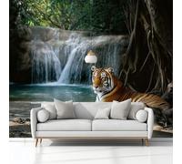 Papel Tapiz Fotográfico Fotografía Cascada Del Bosque Tigre Fotomurale 300 x 210 cm Art Mural Verde Papel Pintado Fotomural, para Cafe Restaurant Dormitorio Hoga Murales Decoración