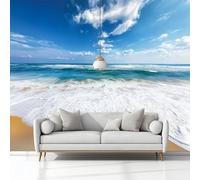 Papel Tapiz Fotográfico Fotografía Cielo Azul Nubes Blancas Olas Del Mar Fotomurale 400 x 280 cm Art Mural Azul Papel Pintado Fotomural, para Cafe Restaurant Dormitorio Hoga Murales Decoración