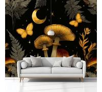 Papel Tapiz Fotográfico Fotomurale Ilustración Vintage Luna Helechos Setas Mariposas 200 x 140 cm Art Mural Cafe Restaurant Dormitorio, para el Hoga Murales Papel Pintado a Papel Fotomural Dormitorio