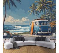 Papel Tapiz Fotográfico Furgoneta Camper Con Tabla Surf 250x175cm Papel Pintado Panorámico Playa Verano Retro Fondo De Pantalla Decoración de Pared Moderna para Salón, Cuarto, Oficina, Azul Oscuro