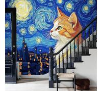 Papel tapiz fotográfico Gato con estética animal artística Cielo estrellado,vórtice,cielo nocturno 350x256cm tejido no tejido Fondo De Pantalla Decoración De Pared Sala Cuarto Oficina Salón Vistoso