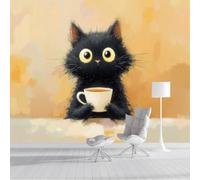 Papel Tapiz Fotográfico Gato Negro Bebiendo Café 200x140cm Papel Pintado Panorámico, Pintura Al Óleo Vintage De Animales Murales Decoración Pared Para Cuarto De Salón Dormitorio Oficina