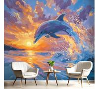 Papel tapiz fotográfico Los Delfines Saltan Fuera Del Agua Pinturas Al Óleo De Animales 450x356cm Seda Fondo De Pantalla XXL Moderna Decoración De Pared Sala Cuarto Oficina Salón Color Naranja