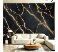 Papel Tapiz Fotográfico Lujo Mármol Roca Textura Papel Pintado Murales Póster 300 x 210 cm Fotográfico Para Dormitorio Salón Tv Pared Amantes Del Arte, Negro Dorado