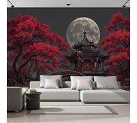 Papel Tapiz Fotográfico Luna Llena Ilustración Pabellón,3D Papel Pintado 450 × 315 Cm Decoración De Pared,Sala Cuarto Póster Mural Para Sala De Estar Dormitorio Decoración, Rojo Oscuro