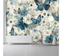 Papel tapiz fotográfico Mariposas Y Flores 350 x 256 cm Revestimiento de paredes decoración de salón Diseño Estilo Refinado para dormitorio, sala de estar, papel tapiz no tejido, Azul Beige