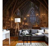 Papel tapiz fotográfico Medieval Biblioteca 352An×250Al cm Tejido No Tejido Fondo De Pantalla XL Arquitectura Europeo Fotomurales Decoración Pared Dormitorio Sala Oficina Salón Murales, Marrón