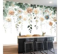 Papel Tapiz Fotográfico Minimalista Acuarela Hojas Enredaderas - 300 x 210 cm Papel Pintado Panorámico para Salón Oficina Decoración, Blanco Papel Pintado no tejido Murales Decoración De Pared