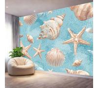 Papel Tapiz Fotográfico Minimalista Conchas Marinas Estrellas De Mar Papel Pintado Murales Póster Azul Crema Fotográfico Para Dormitorio Salón Tv Pared 300 x 210 cm