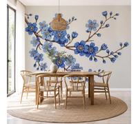 Papel tapiz fotográfico Minimalista Floral Flor De Ciruelo Rama De Flor Papel Pintado 450 x 315cm, Art Mural De Pared Azul Real Beige Mural para Sala Estar Dormitorio Cocina Infantil Decoración