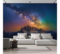 Papel Tapiz Fotográfico Montañas Aurora Praderas Papel Pintado El Universo Y La Vía Láctea Seda 250 × 175 Cm Pared Sala Cuarto Póster Azul Y Amarillo Mural Para Sala Estar Dormitorio