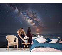 Papel Tapiz Fotográfico Muelle Vía Láctea Cielo Nocturno, 300x210cm Papel Pintado Panorámico Mujer Con Vestido Rojo Mural de Pared Decoración De Pared para Sala Cuarto Oficina Salón, Gris Oscuro