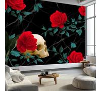 Papel Tapiz Fotográfico Mural Rosas Cráneo, Fotomurales Pared Tejido No Tejido Murales Decoración de Paredes 250 x 175 cm Para Salón Dormitorio, Estilo Gótico