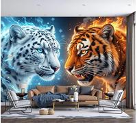 Papel tapiz fotográfico muro de Animales tigres y leopardos de las nieves 150x105cm tejido no tejido llamas y nieve de fantasía XXL Moderna Decoración De Pared Sala Cuarto Oficina Salón Vistoso