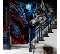 Papel tapiz fotográfico muro de Dragones y lobos 400x280cm tejido no tejido Cielo nocturno y luna llena, relámpagos azules XXL Moderna Decoración De Pared Sala Cuarto Oficina Salón Vistoso