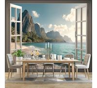 Papel Tapiz Fotográfico Naturaleza 3D Playa Montañas - 350 x 256 cm Papel Pintado Panorámico para Salón Oficina Decoración, Vistoso Papel Pintado no tejido Murales Decoración De Pared