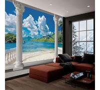 Papel Tapiz Fotográfico Naturaleza Vista Al Mar Balcón Azul 150x105 cm 3D Papel Pintado Panorámico, Fuera de la Ventana Murales Decoración Pared para Cuarto de Niño Salón Oficina