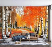 Papel Tapiz Fotográfico Paisaje de otoño Camino a través del bosque de abedules Color naranja 300x210cm 3D Papel Pintado Panorámico, Fuera de la Ventana Murales Decoración Pared