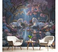 Papel tapiz fotográfico Paisaje Estilo de fantasía de cuento de hadas Unicornio de jardín 350x256cm Seda Fondo De Pantalla XXL Moderna Decoración De Pared Sala Cuarto Oficina Salón azul y rosa