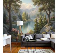 Papel Tapiz Fotográfico Paisaje natural Árboles y lagos Azul-Verde 300x210cm 3D Papel Pintado Panorámico, Fuera de la Ventana Murales Decoración Pared para Cuarto de Niño Salón Oficina