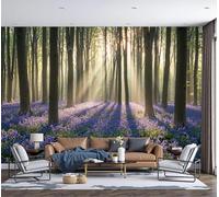 Papel Tapiz Fotográfico Paisaje natural Campo de flores del bosque soleado Púrpura 350x256cm 3D Papel Pintado Panorámico, Fuera de la Ventana Murales Decoración Pared para Cuarto de Niño Salón Oficina