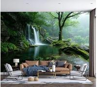 Papel Tapiz Fotográfico Paisaje natural Cascada del bosque de montaña Verde oscuro 400x280cm 3D Papel Pintado Panorámico, Fuera de la Ventana Murales Decoración Pared para Cuarto de Niño Salón Oficina