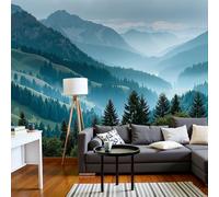 Papel Tapiz Fotográfico Paisaje natural Montañas, bosques y niebla Azul-Verde 300x210cm 3D Papel Pintado Panorámico, Fuera de la Ventana Murales Decoración Pared para Cuarto de Niño Salón Oficina