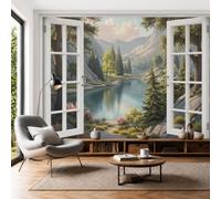 Papel Tapiz Fotográfico Paisajes Montaña Y Lago 450x315cm, Papel Pintado Panorámico Vista Ventana Del Bosque En 3D Póster XXL Seda Decoración de Pared para, Salón, Oficina, Sala de Estar, Verde