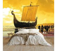 Papel Tapiz Fotográfico Papel Tapiz Patrón De Barco De Vela Vikingo Art Mural 250x175 cm Cafe Restaurant Dormitorio Decoración para el Hoga Murales Papel Pintado a Papel Fotomural, Amarillo